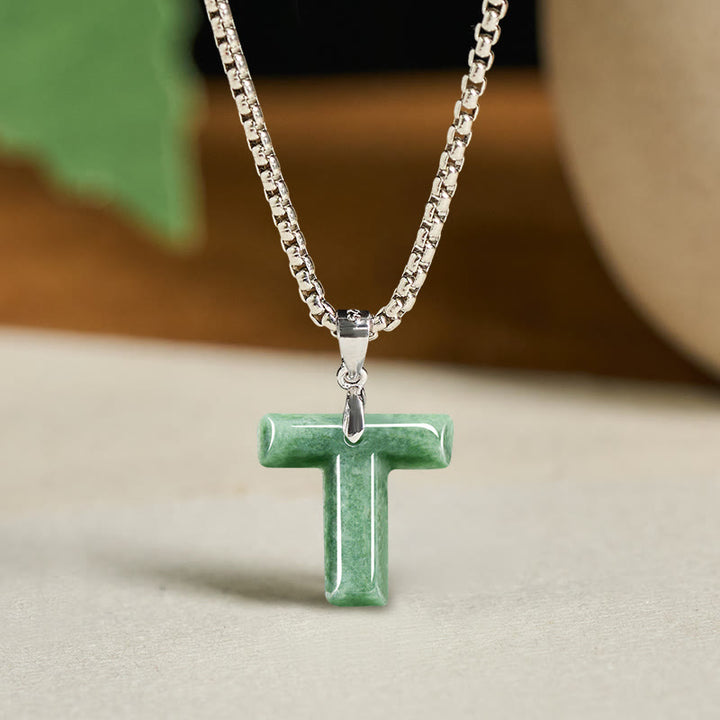 Buddha Stones Natural A-Z Letter Jade Titanium Steel Chain 925 Sterling Silver Chain Prosperity Necklace Pendant - T - Titanium Steel Chain(One Pendant) - image 27