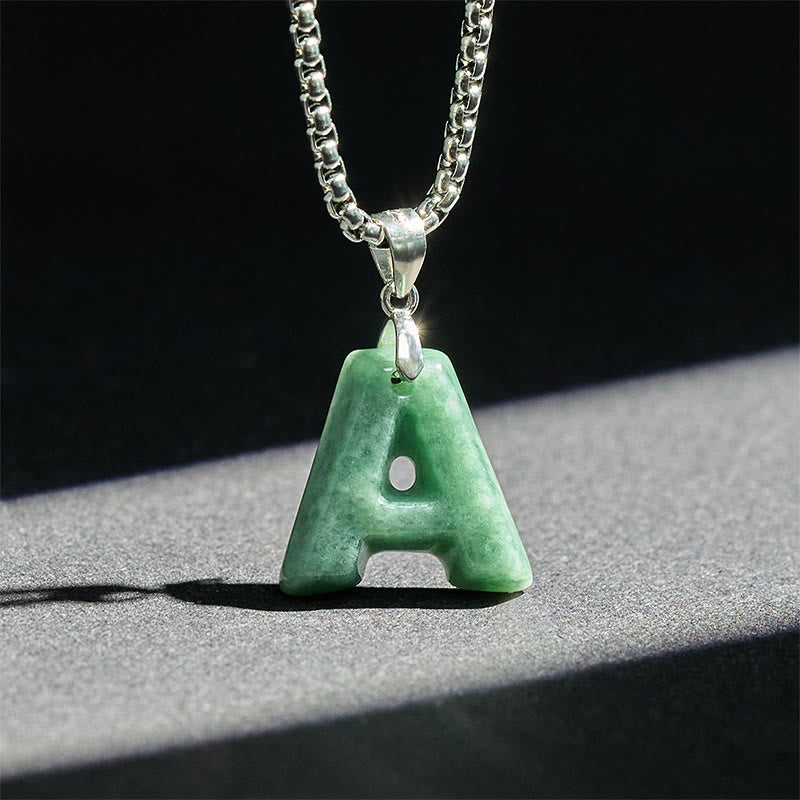 Buddha Stones Natural A-Z Letter Jade Titanium Steel Chain 925 Sterling Silver Chain Prosperity Necklace Pendant - image 2
