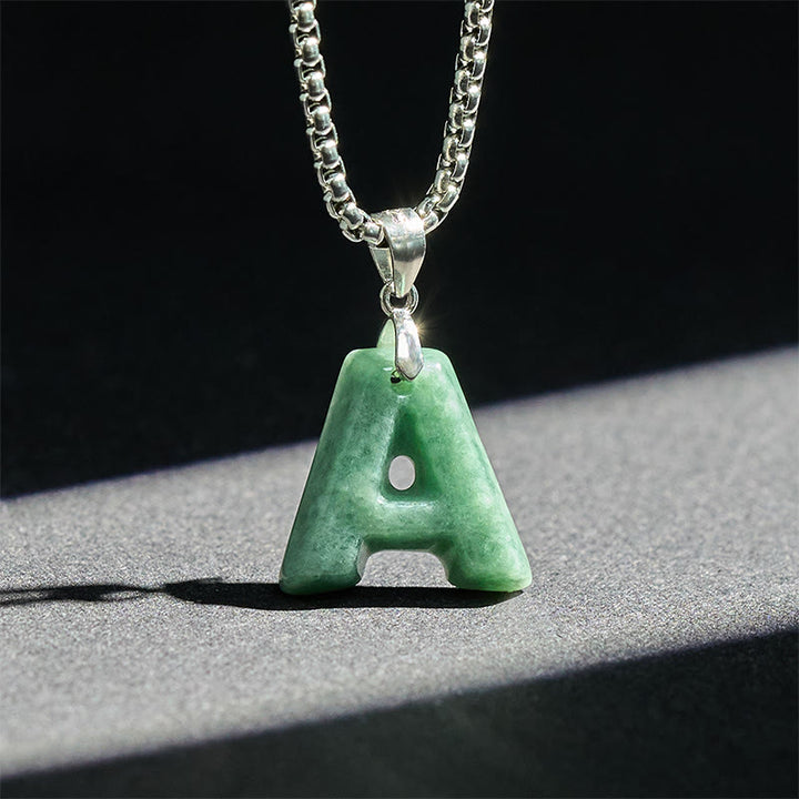 Buddha Stones Natural A-Z Letter Jade Titanium Steel Chain 925 Sterling Silver Chain Prosperity Necklace Pendant - image 2