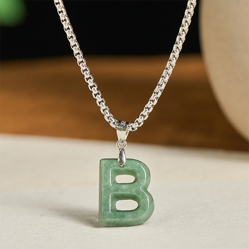 Buddha Stones Natural A-Z Letter Jade Titanium Steel Wide Chain Prosperity Necklace Pendant - B - image 7