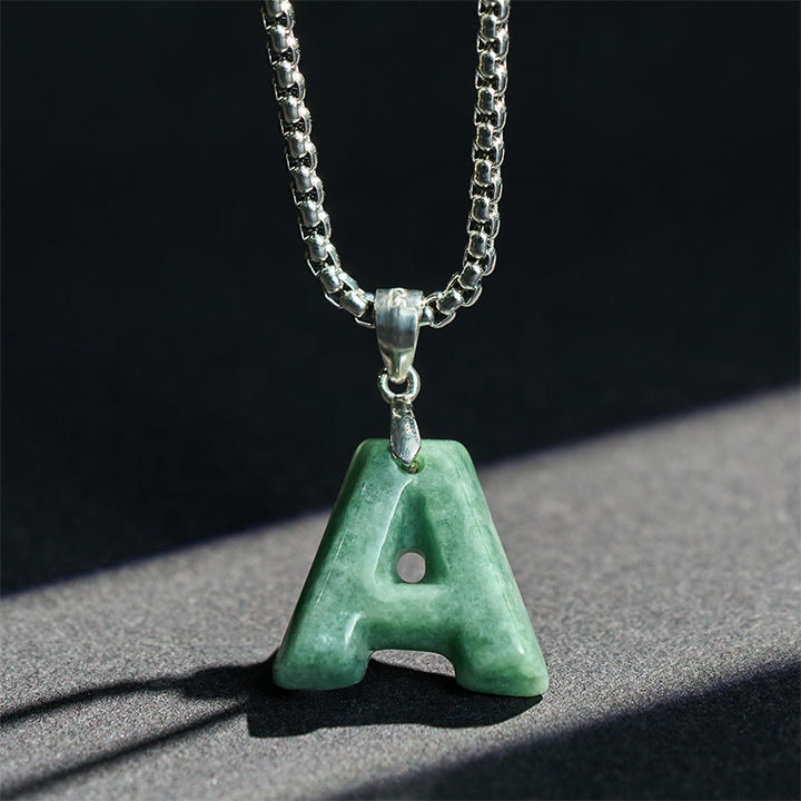 Buddha Stones Natural A-Z Letter Jade Titanium Steel Chain 925 Sterling Silver Chain Prosperity Necklace Pendant - image 3