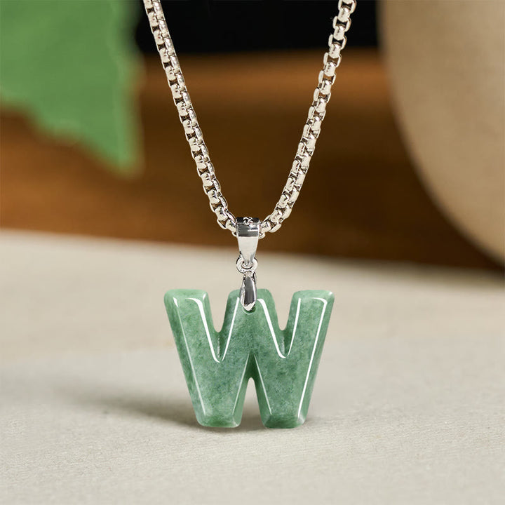 Buddha Stones Natural A-Z Letter Jade Titanium Steel Chain 925 Sterling Silver Chain Prosperity Necklace Pendant - W - Titanium Steel Chain(One Pendant) - image 30