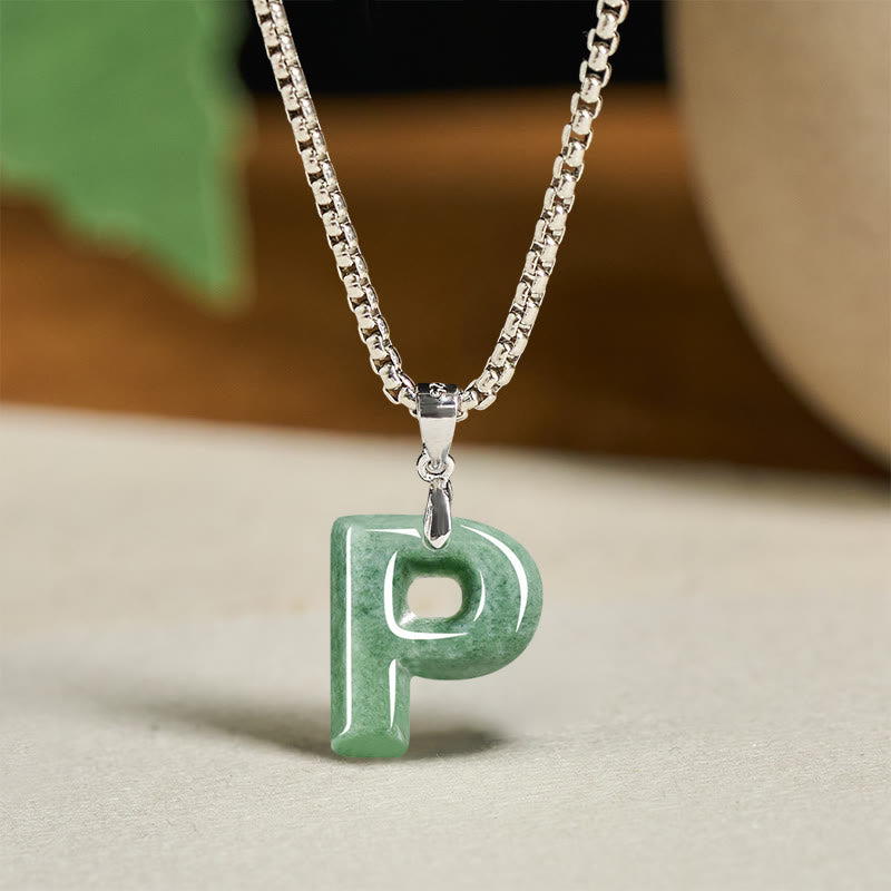 Buddha Stones Natural A-Z Letter Jade Titanium Steel Wide Chain Prosperity Necklace Pendant - P - image 24