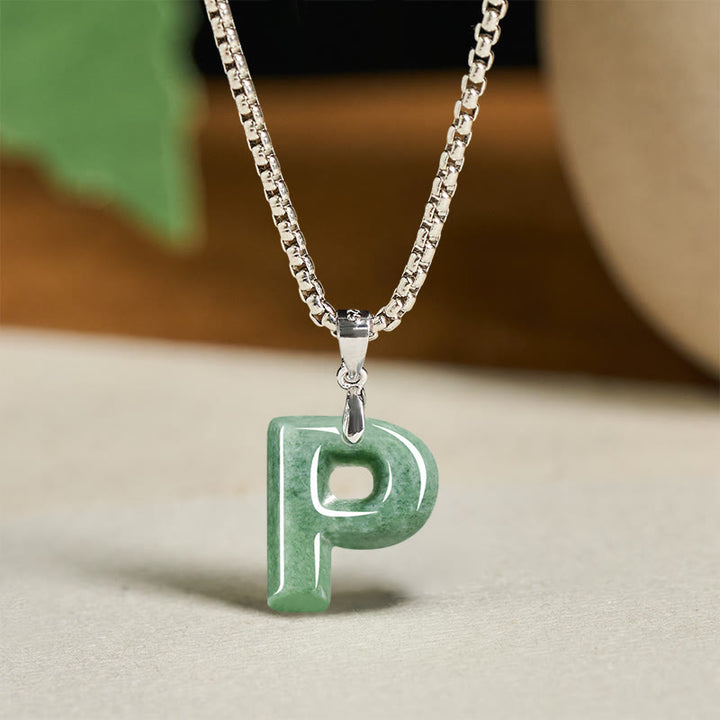 Buddha Stones Natural A-Z Letter Jade Titanium Steel Wide Chain Prosperity Necklace Pendant - P - image 24