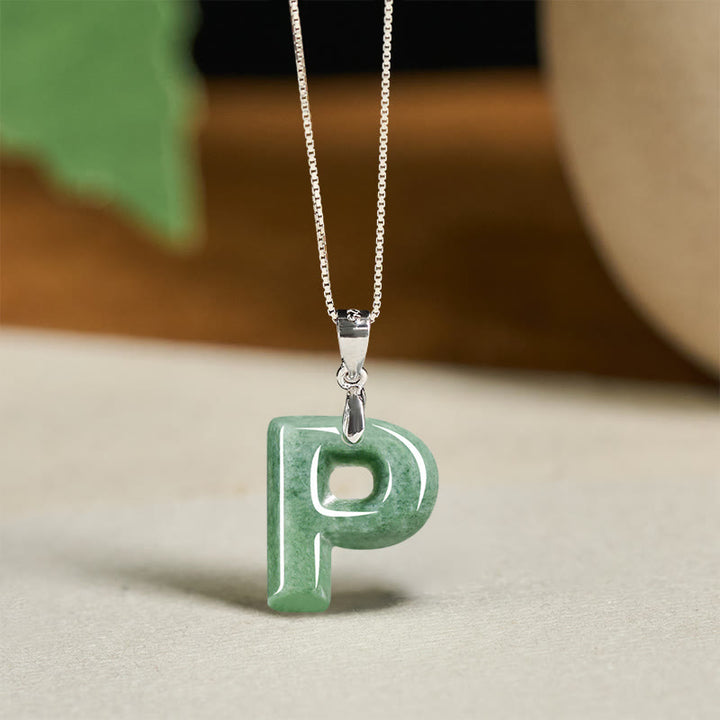 Buddha Stones Natural A-Z Letter Jade Titanium Steel Chain 925 Sterling Silver Chain Prosperity Necklace Pendant - P - Titanium Steel Chain&Silver Chain(One Pendant) - image 80