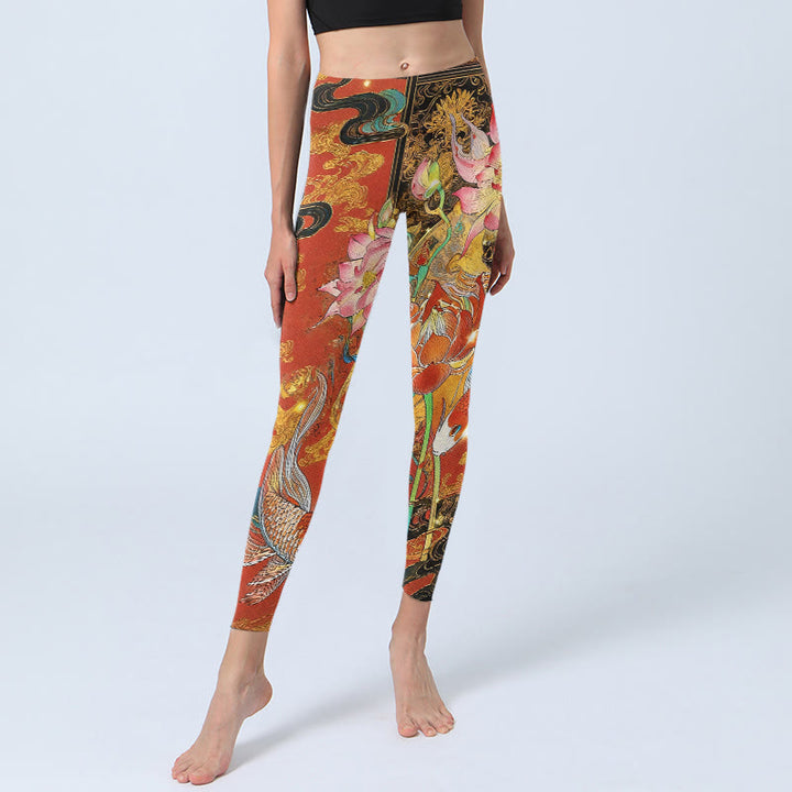 Buddha Stones Koi Fish Lotus Cloud Pattern Print Gym Leggings Women's Yoga Pants - image 5