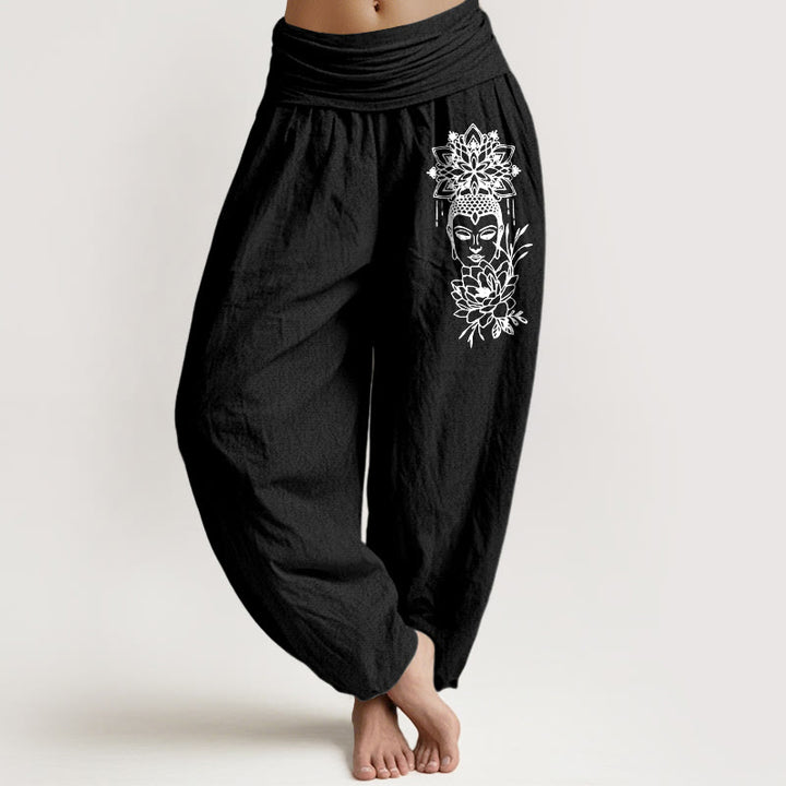 Buddha Stones Pure Cotton Simple Buddha Image Lotus Pattern Women's Elastic Waist Harem Pants - Black - US16，UK/AU20，EU48 (3XL) - image 5