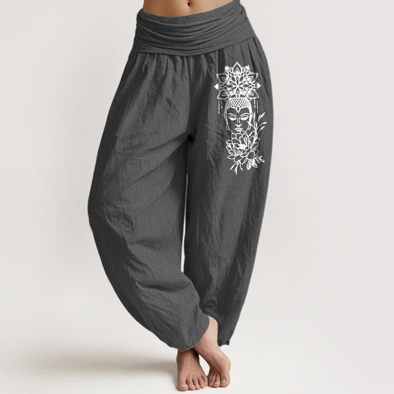 Buddha Stones Pure Cotton Simple Buddha Image Lotus Pattern Women's Elastic Waist Harem Pants - DimGray - US16，UK/AU20，EU48 (3XL) - image 8