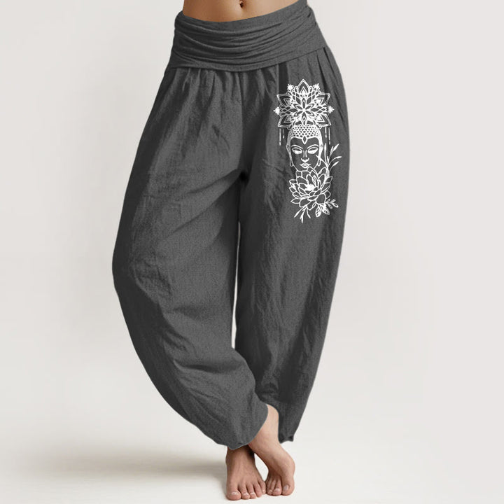 Buddha Stones Pure Cotton Simple Buddha Image Lotus Pattern Women's Elastic Waist Harem Pants - DimGray - US16，UK/AU20，EU48 (3XL) - image 8