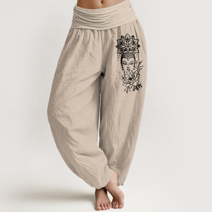 Buddha Stones Pure Cotton Simple Buddha Image Lotus Pattern Women's Elastic Waist Harem Pants - Tan - US16，UK/AU20，EU48 (3XL) - image 11