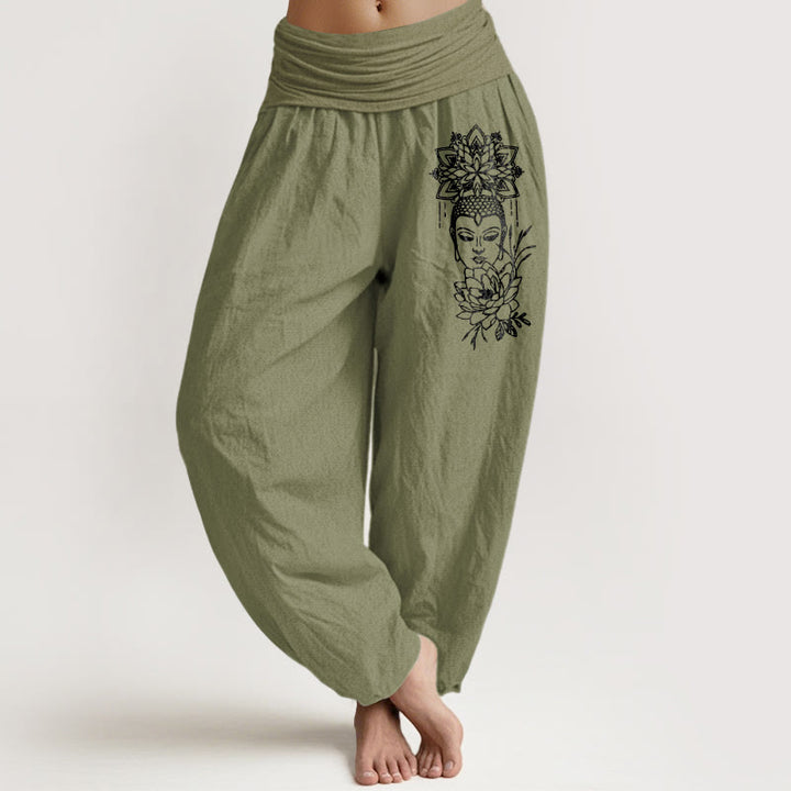 Buddha Stones Pure Cotton Simple Buddha Image Lotus Pattern Women's Elastic Waist Harem Pants - OliveDrab - US16，UK/AU20，EU48 (3XL) - image 14