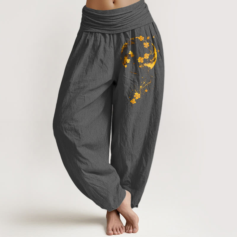 Buddha Stones Pure Cotton Brightly Colored Moon Flower Vine Pattern Women's Elastic Waist Harem Pants - DimGray - US16，UK/AU20，EU48 (3XL) - image 8
