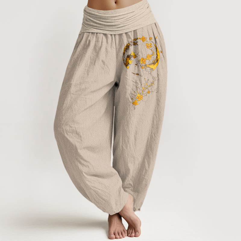 Buddha Stones Pure Cotton Brightly Colored Moon Flower Vine Pattern Women's Elastic Waist Harem Pants - Tan - US16，UK/AU20，EU48 (3XL) - image 11