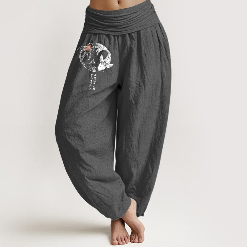 Buddha Stones Pure Cotton Koi Fish Pattern Women's Elastic Waist Harem Pants - DimGray - US16，UK/AU20，EU48 (3XL) - image 0