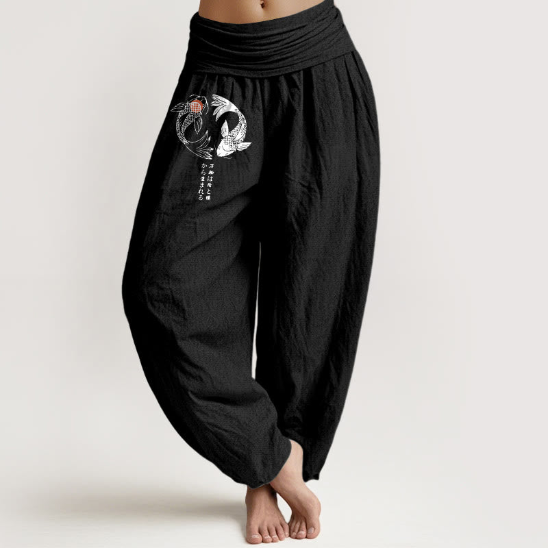 Buddha Stones Pure Cotton Koi Fish Pattern Women's Elastic Waist Harem Pants - Black - US16，UK/AU20，EU48 (3XL) - image 5