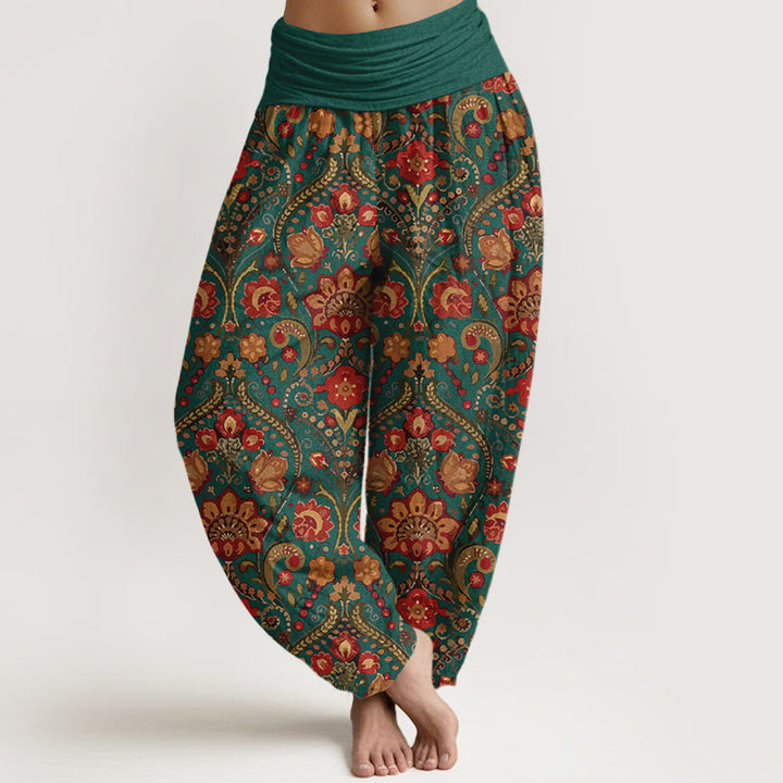 Buddha Stones Cotton Colorful Flower Leaf Scroll Pattern Women's Elastic Waist Harem Pants - Teal - US16，UK/AU20，EU48 (3XL) - image 8