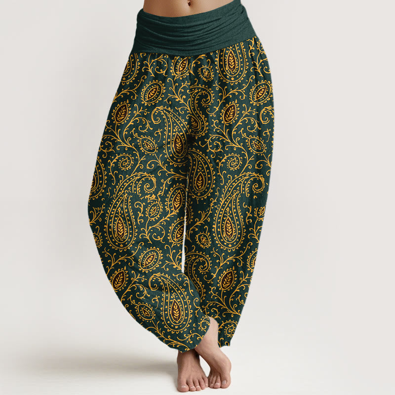 Buddha Stones Cotton Brightly Colored Paisley Style Pattern Women's Elastic Waist Harem Pants - DarkGreen - US16，UK/AU20，EU48 (3XL) - image 0