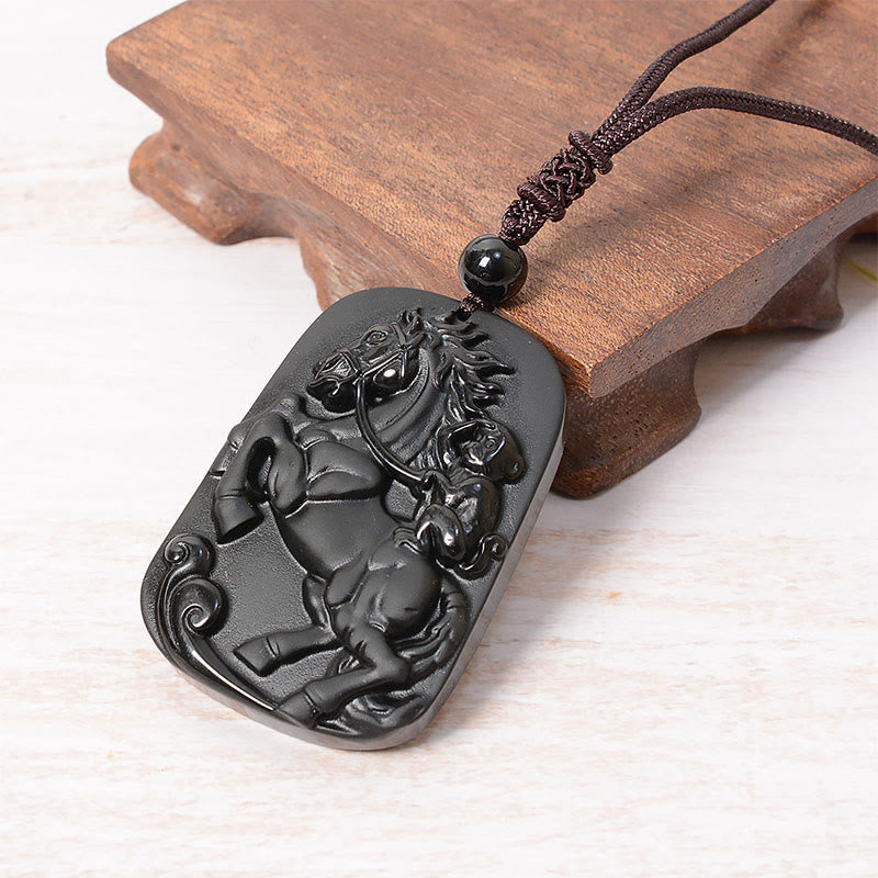 Buddha Stones Year of the Horse Monkey Design Black Obsidian Purification Necklace Pendant - image 3