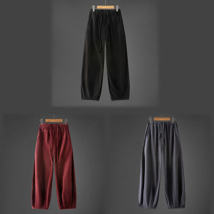 Buddha Stones Winter Men's Drawstring Plain Elastic Waistband Design Corduroy Pants With Pockets - image 12