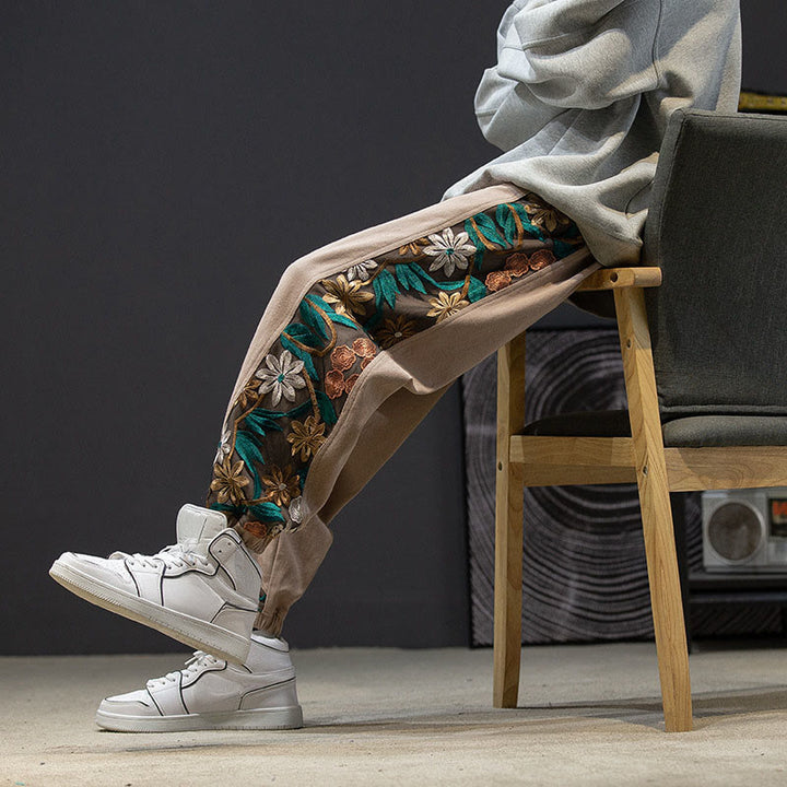 Buddha Stones Spring Men's Embroidered Flower Pattern Patchwork Cotton Pants With Pockets - image 18