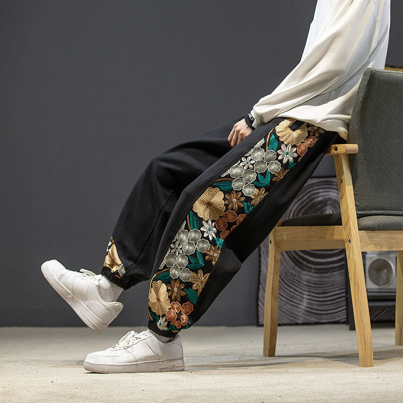 Buddha Stones Spring Men's Embroiderd Flower Pattern Patchwork Cotton Pants With Pockets - Black - US/UK/AU46，EU56 (5XL) - image 0