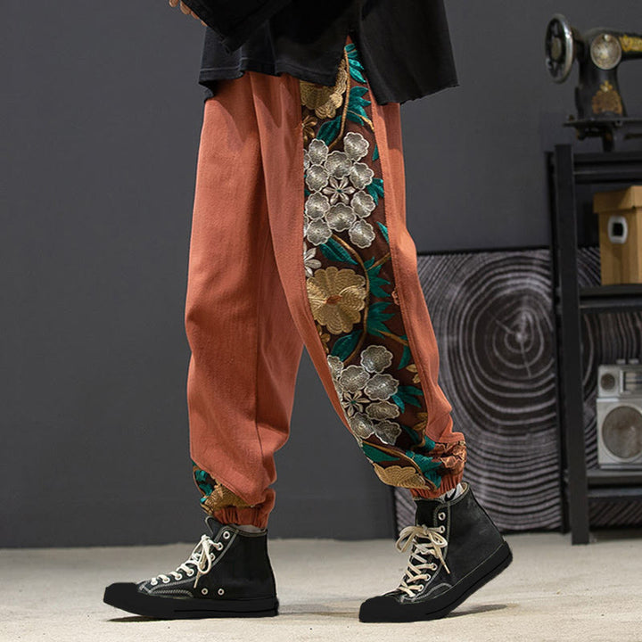 Buddha Stones Spring Men's Embroidered Flower Pattern Patchwork Cotton Pants With Pockets - IndianRed - US/UK/AU46，EU56 (5XL) - image 5