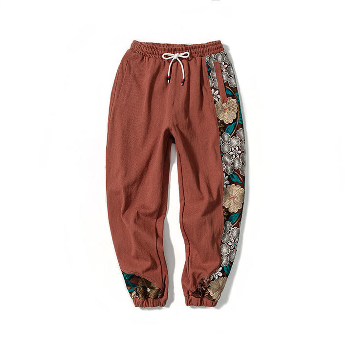 Buddha Stones Spring Men's Embroiderd Flower Pattern Patchwork Cotton Pants With Pockets - image 13