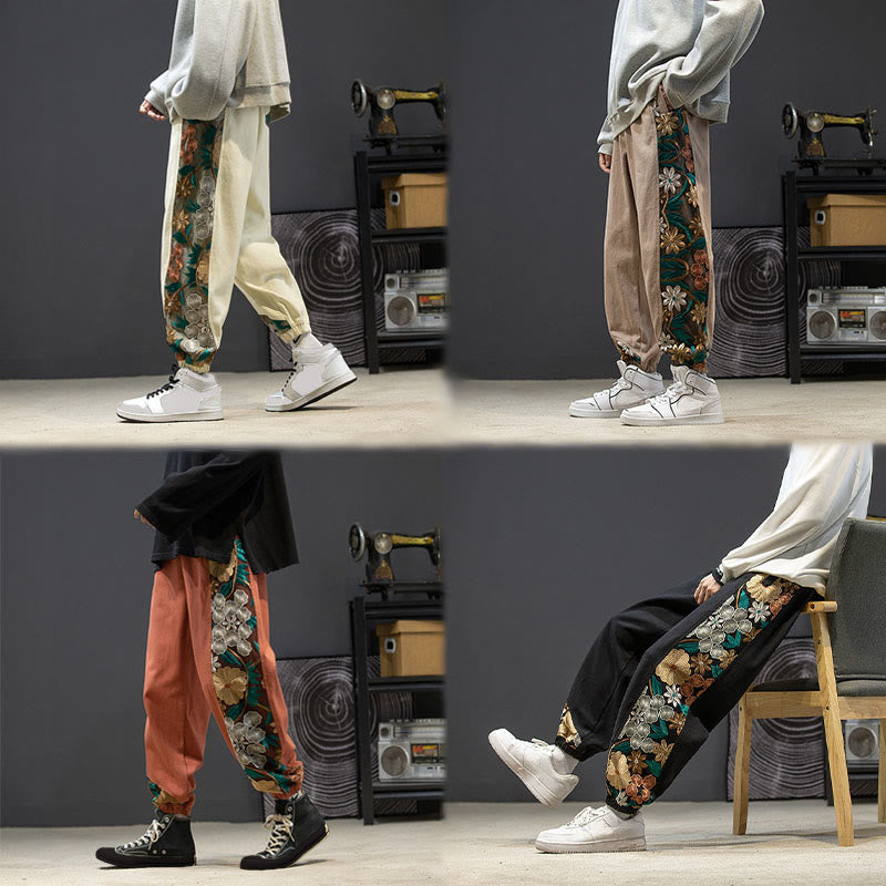 Buddha Stones Spring Men's Embroiderd Flower Pattern Patchwork Cotton Pants With Pockets - image 26