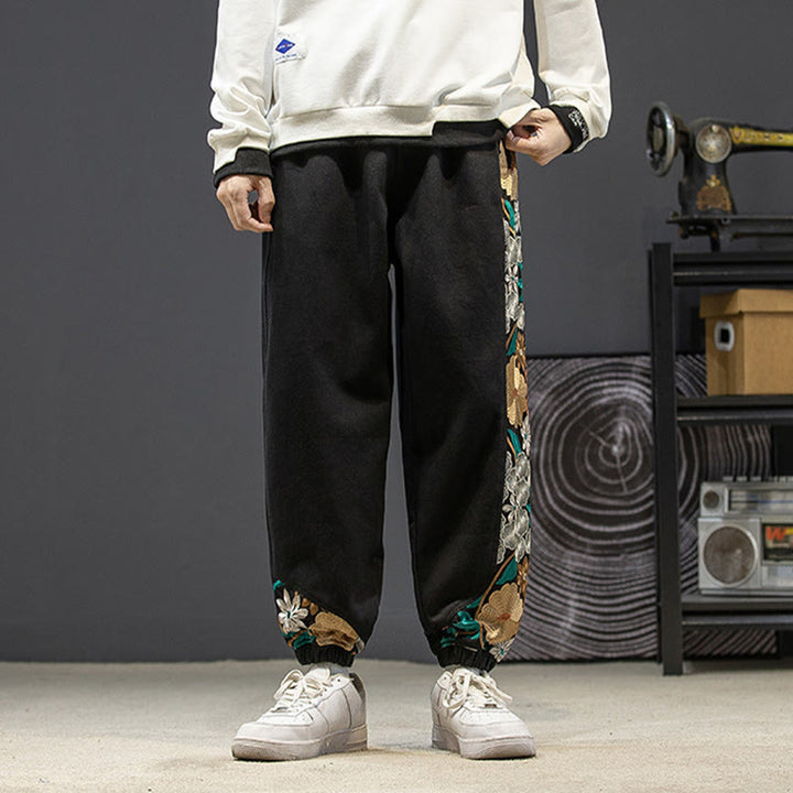 Buddha Stones Spring Men's Embroiderd Flower Pattern Patchwork Cotton Pants With Pockets - image 3