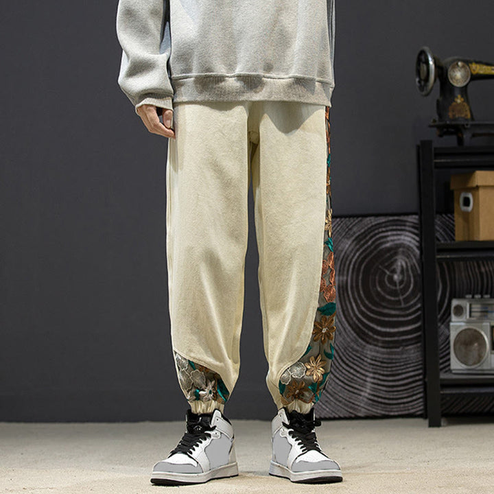 Buddha Stones Spring Men's Embroidered Flower Pattern Patchwork Cotton Pants With Pockets - image 21