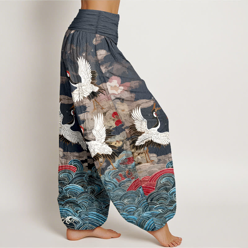 Buddha Stones Cotton Classic Crane Waves Cloud Pattern Women's Elastic Waist Harem Pants - image 2