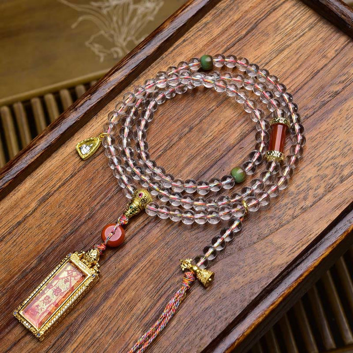 Buddha Stones 108 Beads Liuli Crystal Dzi Bead Agate Blessings Tassel Mala - Red Agate Peace Buckle - 6mm - image 11