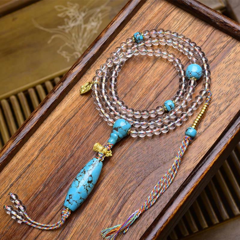 Buddha Stones 108 Beads Liuli Crystal Dzi Bead Agate Blessings Tassel Mala - Imitation Turquoise - 6mm - image 12