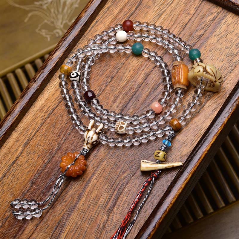 Buddha Stones 108 Beads Liuli Crystal Dzi Bead Agate Blessings Tassel Mala - Camel Bone Charm - 6mm - image 14