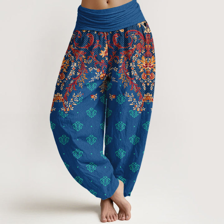Buddha Stones Cotton Symmetrical Leaf  Scroll Pattern Women's Elastic Waist Harem Pants - Blue - US16，UK/AU20，EU48 (3XL) - image 0