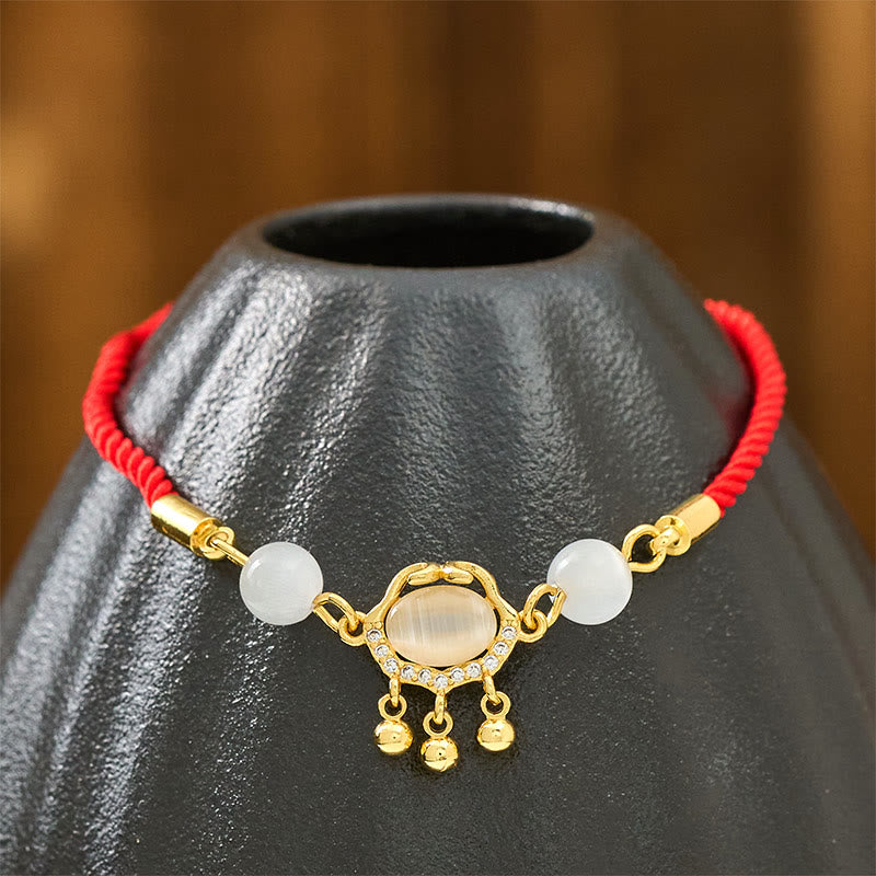 Buddha Stones Chinese Lock Charm Cat's Eye Red String Copper Plated Gold Protection Bracelet - image 4