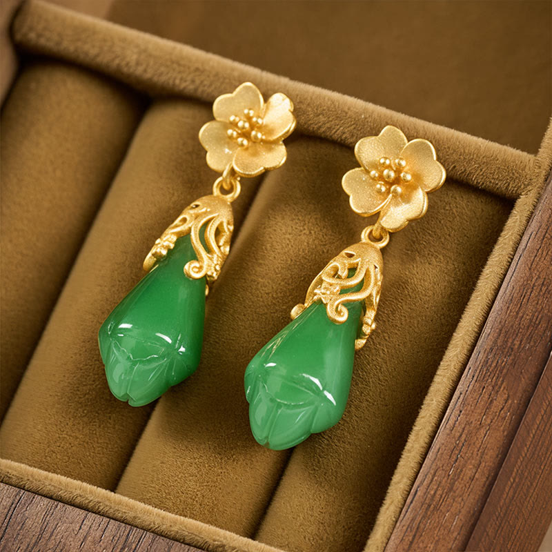 Buddha Stones Magnolia Flower Green Jasper Copper Plated Gold Balance Earrings - image 1