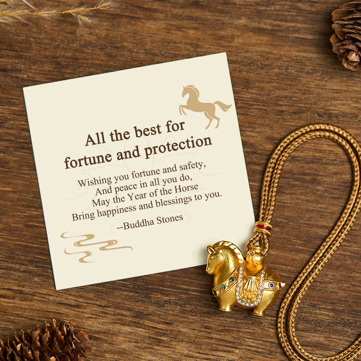 Buddha Stones "All The Best For Fortune And Protection" Year Of The Horse 24k Gold Plated Brass Necklace Includes Gift Message Card - Horse Golden Rope(Length: 75cm) - Standard Gift Box - image 0
