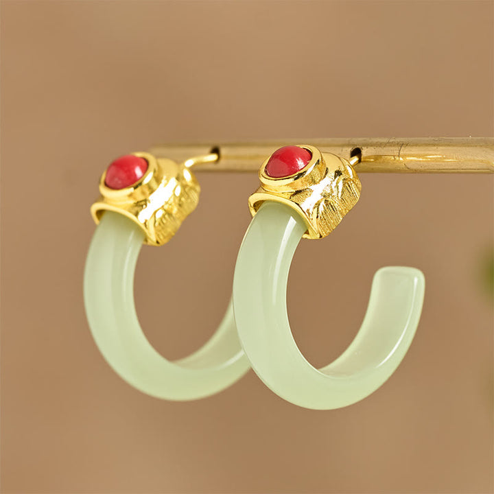 Buddha Stones Round Hoop Design Hetian Jade Copper Plated Gold Abundance Earrings - image 1