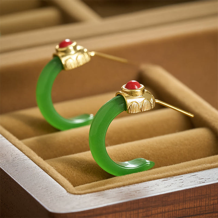 Buddha Stones Round Hoop Design Hetian Jade Copper Plated Gold Abundance Earrings - Cyan Jade - image 9