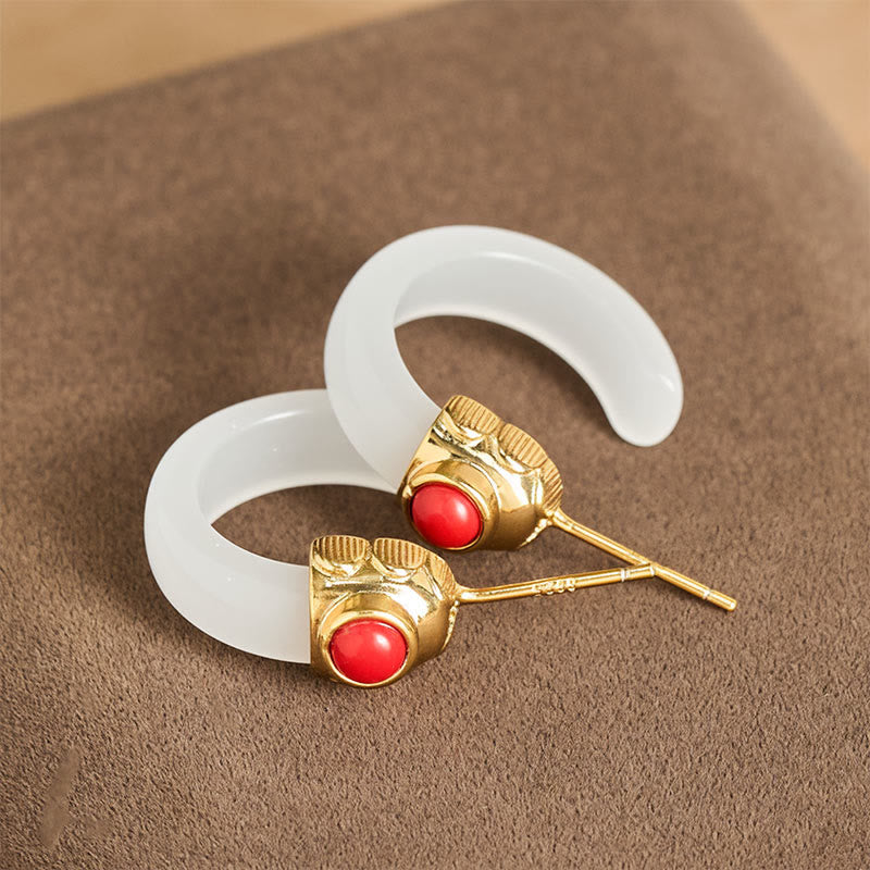 Buddha Stones Round Hoop Design Hetian Jade Copper Plated Gold Abundance Earrings - image 7