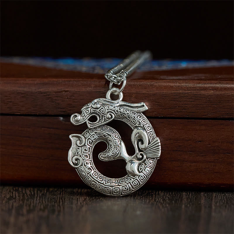 Buddha Stones Tibetan Coiling Dragon Taotie Pattern Copper Plated Silver Necklace Pendant - image 1