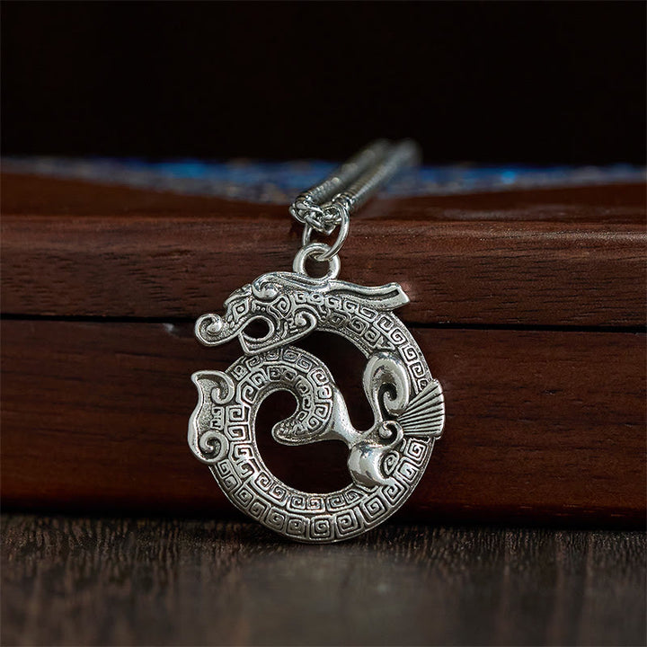 Buddha Stones Tibetan Coiling Dragon Taotie Pattern Copper Plated Silver Necklace Pendant - image 1