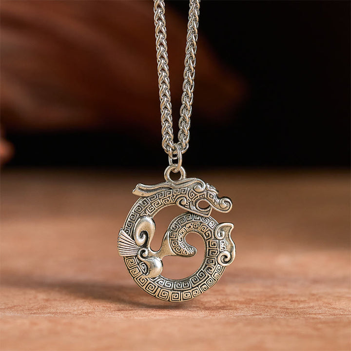Buddha Stones Tibetan Coiling Dragon Taotie Pattern Copper Plated Silver Necklace Pendant - image 2