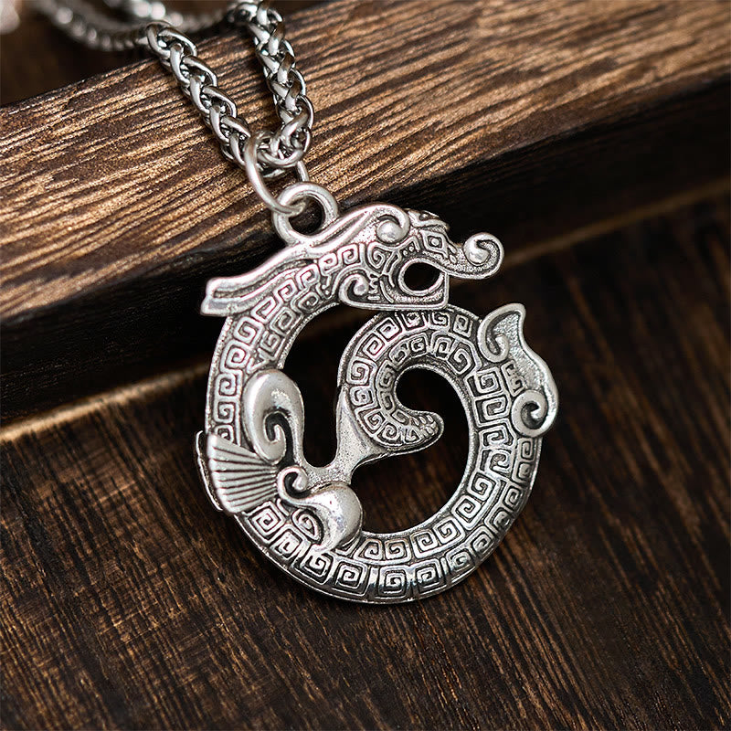 Buddha Stones Tibetan Coiling Dragon Taotie Pattern Copper Plated Silver Necklace Pendant - image 3