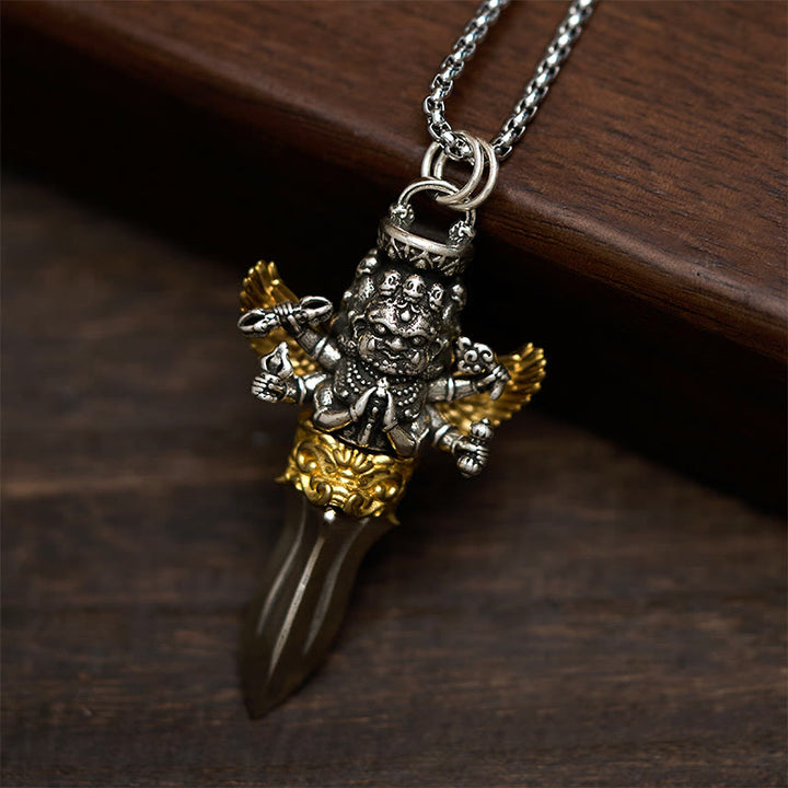 Buddha Stones Tibetan Vajra Three Heads Six Arms Design Copper Healing Spiritual Power Necklace Pendant - image 1