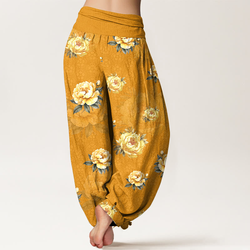 Buddha Stones Cotton Delicate Peony Pattern Women's Elastic Waist Harem Pants - image 1