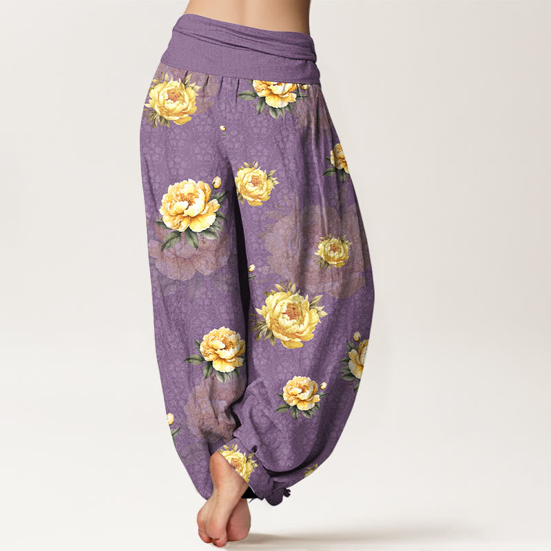 Buddha Stones Cotton Delicate Peony Pattern Women's Elastic Waist Harem Pants - image 9