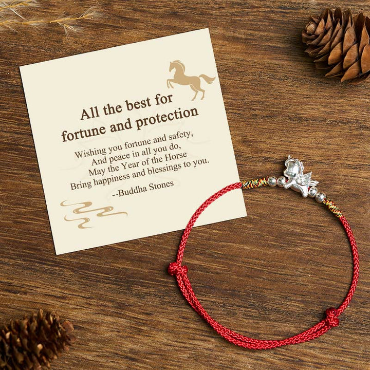 Buddha Stones "All the Best for Fortune and Protection" 925 Sterling Silver Year Of The Horse String Bracelet Includes Gift Message Card - Red(Wrist Circumference: 14-18cm) - Standard Gift Box - image 0