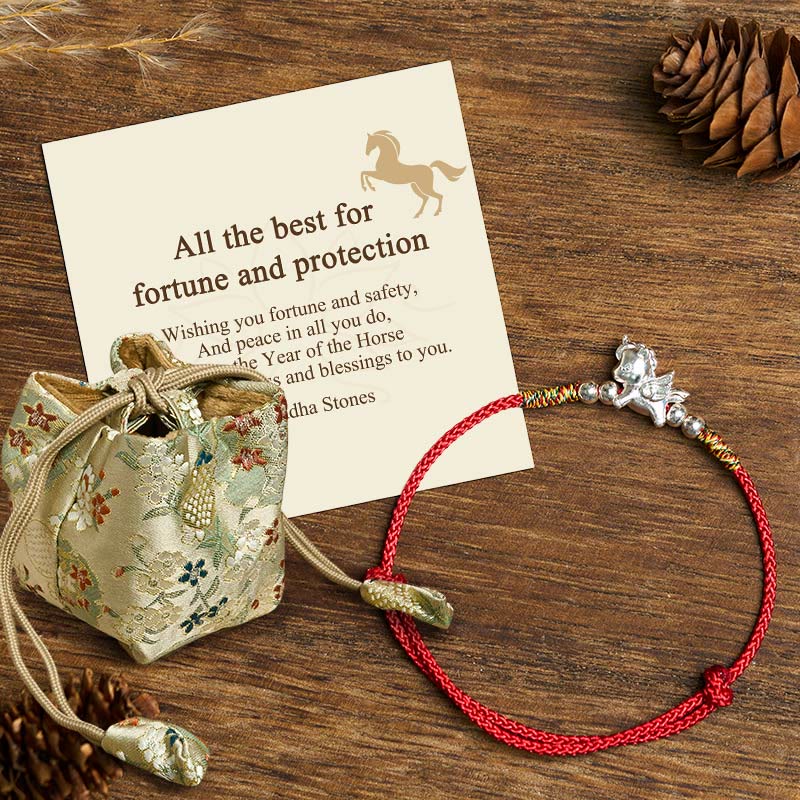 Buddha Stones "All the Best for Fortune and Protection" 925 Sterling Silver Year Of The Horse String Bracelet Includes Gift Message Card - Red(Wrist Circumference: 14-18cm) - Deluxe Gift Bag (+$9.59) - image 6